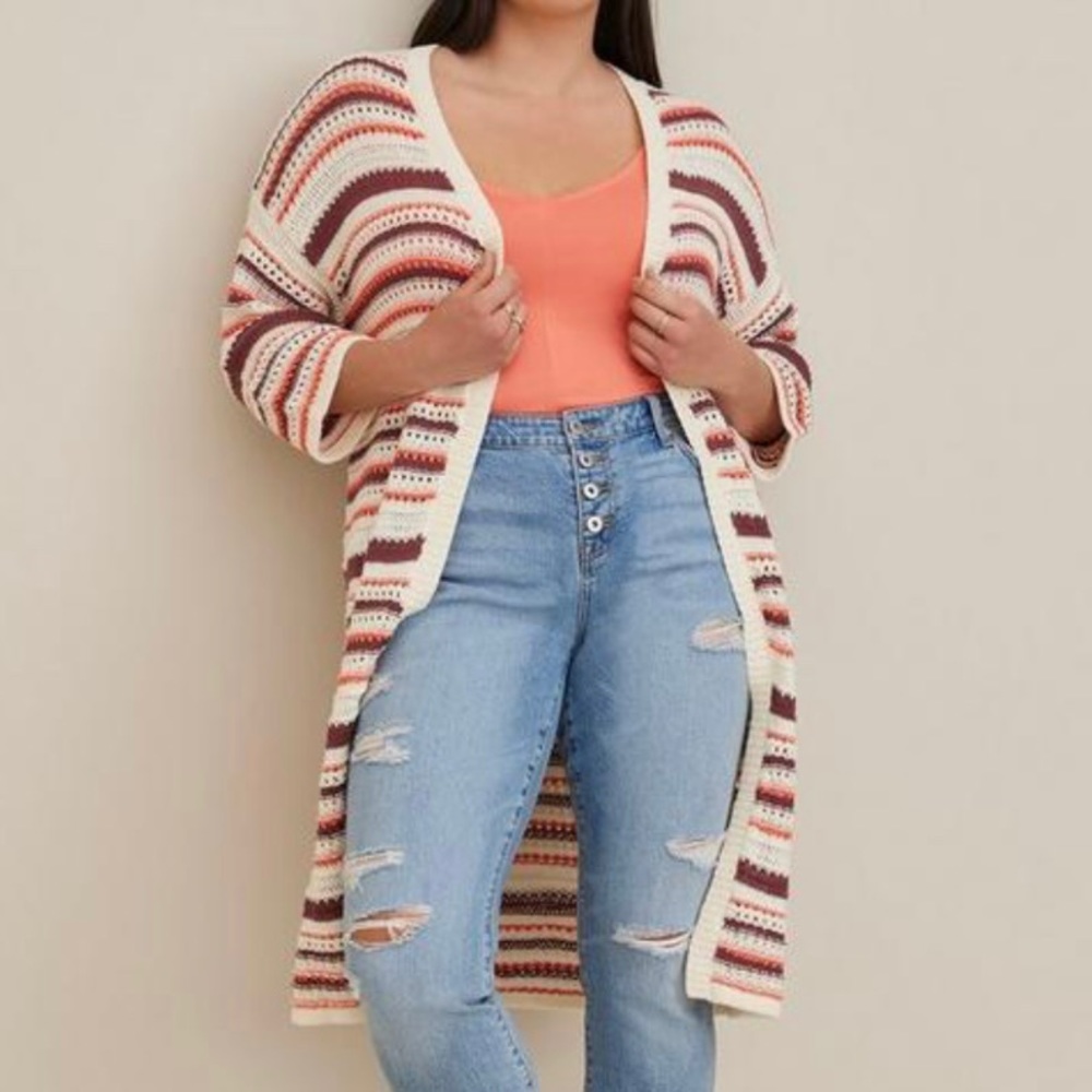 Torrid Coral Stripes Open Front 3/4 Sleeve Long Cardigan Sweater 2X‎